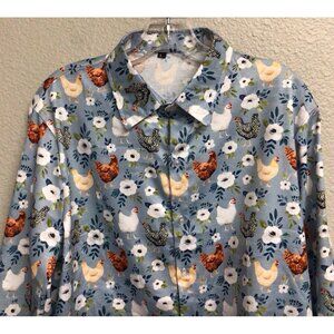 Farmcore Chickens Rooster Blue Women’s Large Blouse Shirt NEW Long Sleeve
